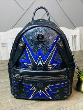 MCM Black Visetos Dual Stark Cyber Flash Backpack Blue Geometric